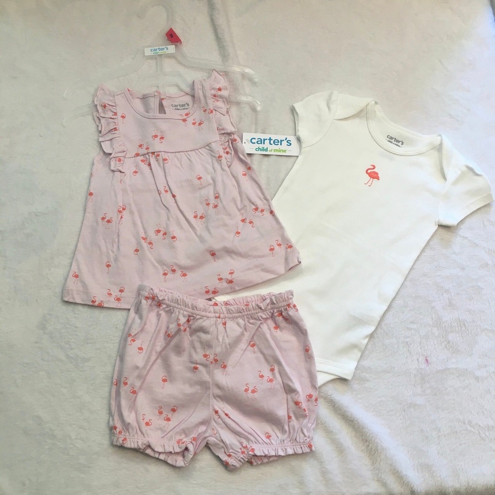 Carter's Child of Mine Outfit Set Baby Girls 12M Pink Flamingo New 3-Piece